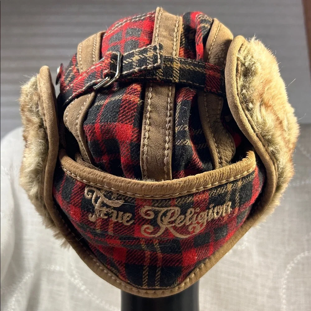True Religion plaid winter hat with ear covers
